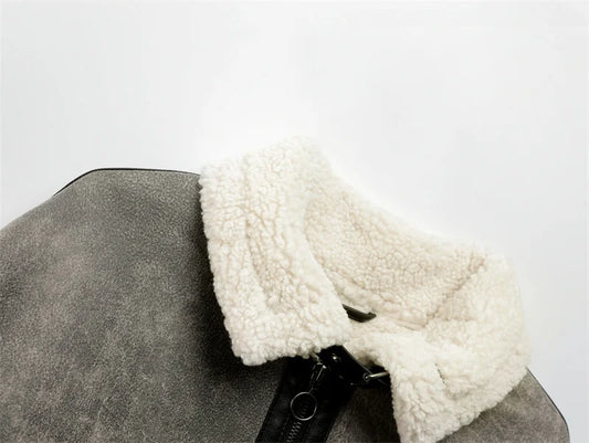 Winter Trip Strap with Fur All-in-one Fleece Double Lapel Long Sleeve Warm Windproof Grey Coat for Women