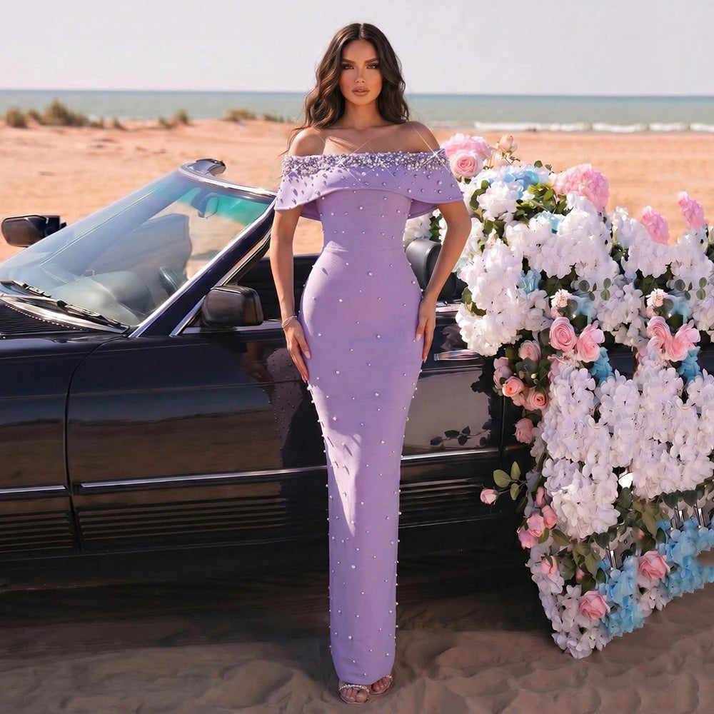 Women Sexy Off the Shoulder Pearl Bead Diamond Bodycon Long Bandage Dress Nightclub Party Evening Birthday Celebrate Wear