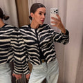 Women Round Neck Zebra Striped Zip‑Up Jacket Long Sleeve Zebra Print Cropped Faux Leather Loose Casual Streetwear Outerwear Coat
