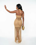 Sexy Cutout Crochet Beach Dress 2026 Summer Women One Shoulder Backless Knitted Sequined Fringe Tassel Midi Dress Clubwear