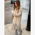 Beige Woolen Lapel Collar Fringe Hem Oversized Long Coats Chic Long Sleeve Warm Jackets Winter Daily Street Lady Outerwear 2026