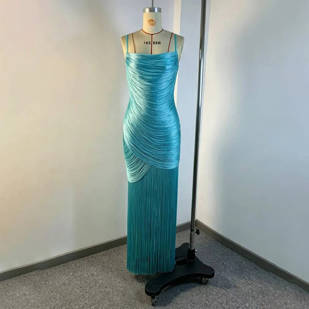 Glam Shiny Spaghetti Strap Cowl Neck Ruched Wrap Maxi Dress for Women High Split Overlay Fringe Hem Club Party Evening Wear