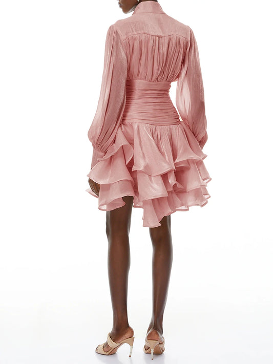 Elegant Pink High Neck Organza Fabric Mini Dresses for Women Puff Sleevs Ruched Waist Tiered Ruffles for Cocktail Parties
