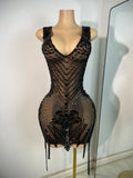 Luxury Rhinestones Mesh Short Dress Women Sexy Transparent Performance Stage Costume Black V Neck Nightclub Birthday Clothes