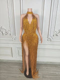 Women's Glam Low-Cut High Split Sleeveless Fringed Dress Fashion Party Dinner Evening Gown Performance Costume Vestidos De Noche