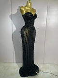 Sexy Sparkly Diamonds Black Strapless Mesh See Through Long Dress Evening Party Birthday Nightclub Photo Shoot Stage Costumes