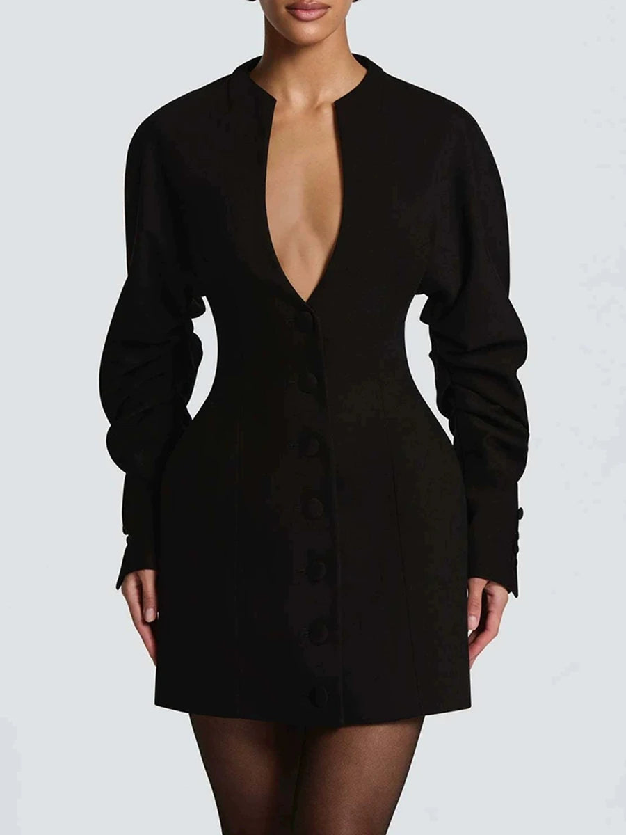 Modern Buttons Mini Women Dresses V Neck Long Sleeve Fitted Dress for Cocktail Party Date Wear Fashion Summer New