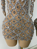 Luxury Women Sexy Sparkly Sequins Halter with Sleeves Mesh Mini Bodycon Nightclub Birthday Dress Party Performance Costume