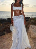 Beach Holiday Skirt Suit for Women Folds Tube Top High Waist Spliced Lace Long Skirt White Two Piece Set Female New