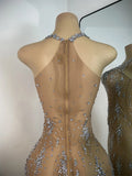 Women Sexy Sleeveless Rhinestones Chic Evening Gown Mesh See Through Performance Dance Costume Singer Stage Wear