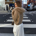 Women Hooded Knit Cardigan Sweater Coat Fluffy Faux Fur Collar Two Way Zip Solid  Loose Casual Jacket 2026 Autumn Winter