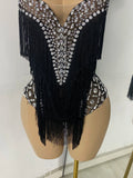 Women Sexy Sparkly Rhinestone Tassels Mesh See Through Sleeveless Bodysuit Nightclub Performance Dance Costume Singer Stage Wear