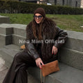 Exclusive Faux Raccoon Fur Collar Brown PU Leather Jacket Women 2026 Winter Warm Windproof Insulation Faux Leather Coat