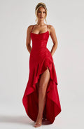 Sexy Satin Long Dress Luxury Ruffles Backless Bandage Evening Dresses Red Burgundy Blue Wedding Guest Cocktail Party Summer New