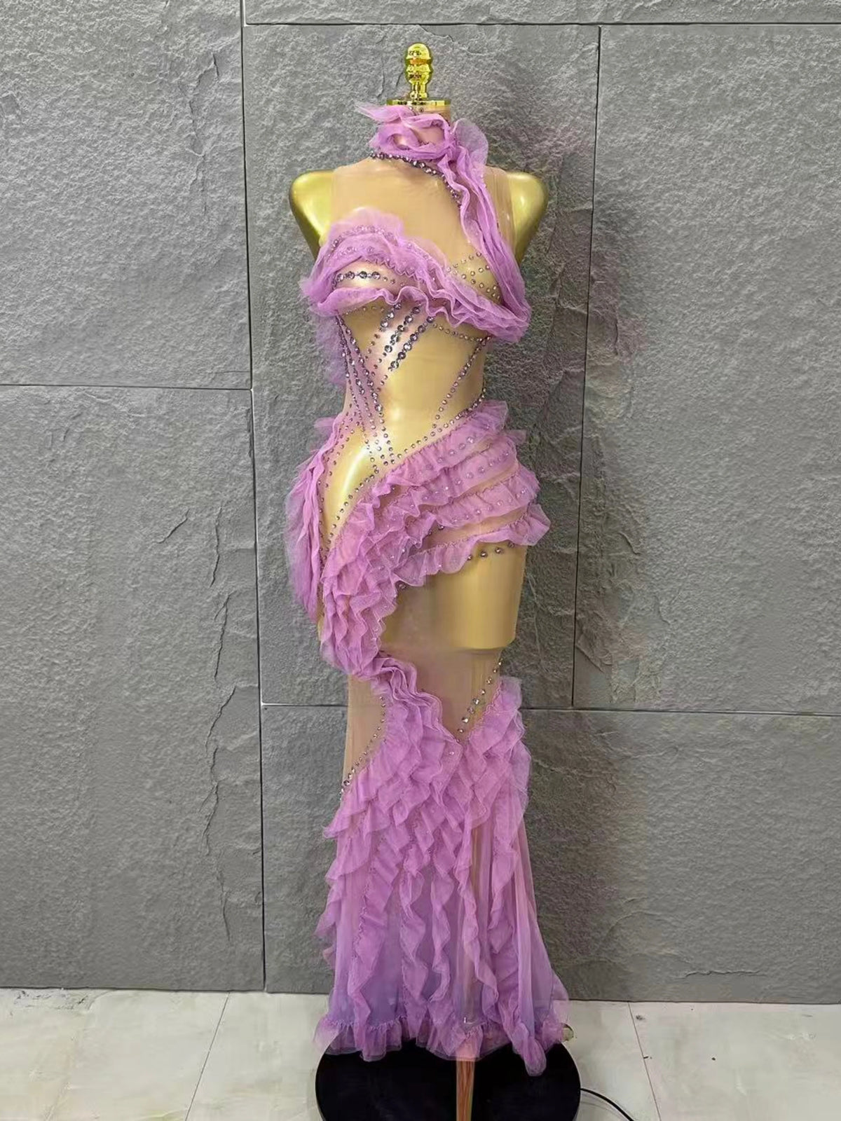 Luxurious Vibrant Ruffled Sheer Crystal-Embellished Pattern Gown Sexy Performance Costume Nightclub Glamorous Formal Event Gown
