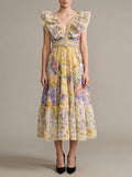 Luxurious Party Folds Design Draped Dress for Women V Neck Flying Sleeve Tunic Floral Printing Vintage Midi Dresses Female