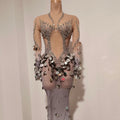 Women Sexy Sparkly Diamonds Sequins Long Sleeves Mesh See Through Long Dress Luxury Birthday Evening Party Nightclub Stage Wear