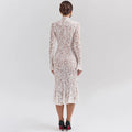 Elegant White Lace Midi Dress Women's Turtleneck Long Sleeve Ruched Bodycon Dresses Evening Party Cocktail Female Winter Autumn