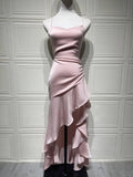 Sexy Satin Long Dress Luxury Ruffles Backless Bandage Evening Dresses Red Burgundy Blue Wedding Guest Cocktail Party Summer New
