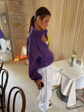 Casual Purple Fleece Jacket Womens Stand Collar Contrast Zip Loose Fit Pockets Coat Fall Winter Sporty Outdoor Streetwear Wear
