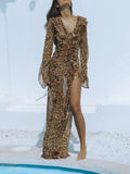 Sexy Chiffon Leopard Printing Dress for Women V Neck Long Sleeve Patchwork Lace Up Split Evening Club Maxi Dresses