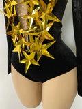Women Sexy Sparkly Crystals 3D Sequined Stars Velvet Long Sleeve Bodysuit Nightclub Performance Dance Costume Singer Stage Wear
