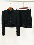 Fashion Women's Heavy Industry Diamond Two Piece Set Short Long Sleeve Tops Wrapped Hip Mini Skirt Female Outfit