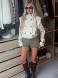 Women Stand Collar Double Breasted Cropped Trench Jacket Long Sleeve Button Cuff Loose Short Outerwear Fashion Street Daily Wear