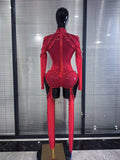 Red Black Women Long Sleeve Sexy Mesh See Through Sparkly Crystal Bodycon Jumpsuit Celebrate Nightclub Bar Dance Stage Wear