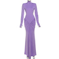 Sexy Backless Long Dress For Women Turtleneck Evening Party Ruched Dress Elegant Solid Long Sleeve Streetwear Maxi Dress