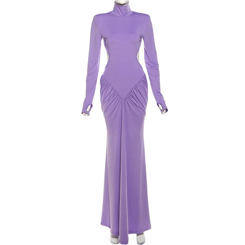 Sexy Backless Long Dress For Women Turtleneck Evening Party Ruched Dress Elegant Solid Long Sleeve Streetwear Maxi Dress