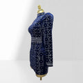 Women's Autumn Winter Rhombus Rhinestone Waist-Hugging Blue Velvet Dress Glam Luxury Party Evening Stage Performance Gown Dress