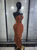 Brown Color Women Sexy Strapless Shining Diamond Keyholes Bodycon Mid-calf Bandage Dress Nightclub Party Celebrate Birthday Wear