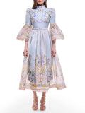 Blue Retro Romantic Floral Print Swing Dress for Women Stand Collar Flare Sleeve Waist Tie Design Mid Skirt for Travel Shoot