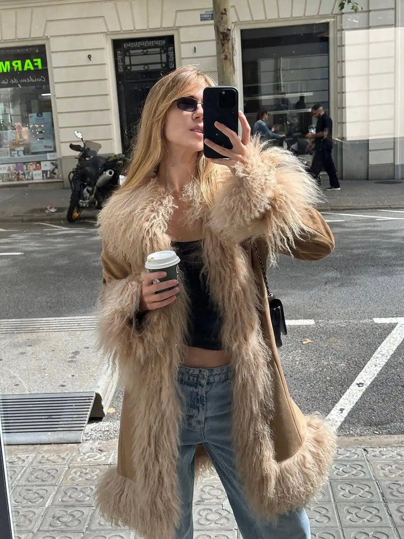 Women Shaggy Faux Fur Patchwork Mid Length Coat Lapel Open Front Long Sleeve Vintage Coats Elegant Winter Warm Outerwear 2026