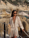 Beige Embroidered Long Tunic Top V Neck Long Sleeve Lace Fringe Hem Boho Blouse 2026 Summer Beach Vacation Cover‑up Streetwear