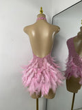 Women Sexy Halter Beading Feather Tight Bodysuit Nightclub Performance Leotard Luxury Party Celebrate Stage Wear