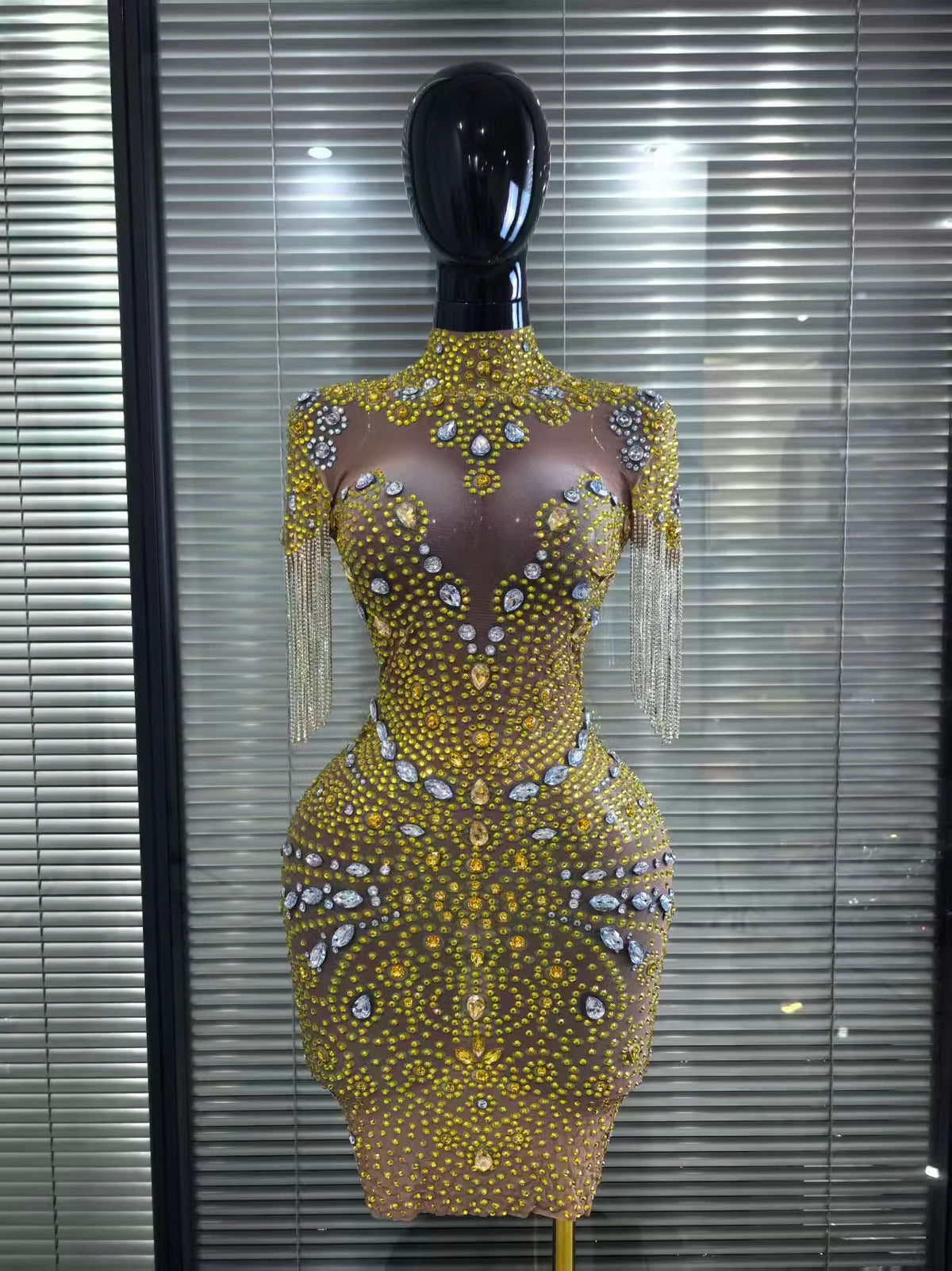Gold Full Diamond Tassel Short sleeved Dress Wrapped Hip Short Skirt Female Model Singer Fashion Performance Dress