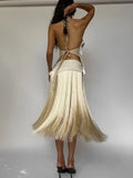 Sexy Tassel 2 Piece Set Women Irregular Halter Backless Bandages Tank Top+Patchwork Skirt New Trend Party Streetwear