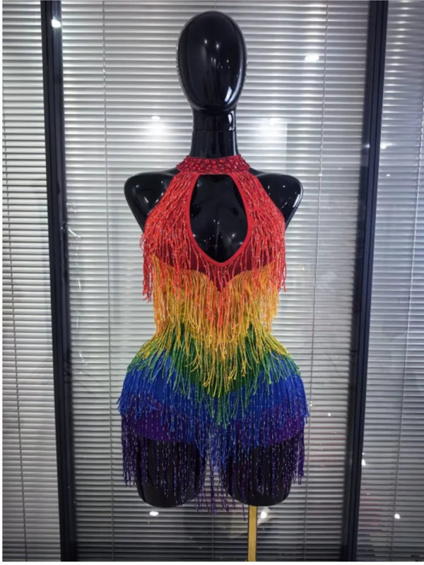 Colorful Sequins Tassels Women Sexy Off the Shoulder Keyholes Bodycon Bodysuit Celebrate Latin Dance Performance Stage Wear