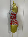 Sexy Sparkly Rhinestones Long Tassels Red Mesh Stretch Bodysuits Women Eveing Party Birthday Nightclub Performance Stage Costume
