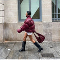 Stand Neck Glossy Surface Padded Cotton Short Coat Women Full Sleeve Thicken Pockets Jackets Coat Female Winter Chic Streetwear