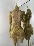 Sparkly Sequins  Gold Silver Mini Dress Women Sexy Split Nightclub Party Performance Dresses Birthday Celerbity Stage Outfit