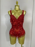 Luxury Sparkly Rhinestone Sequins Tassel Mesh Bodysuits Women Celebrate Eveing Birthday Party Nightclub Bar Dencer Stage Costume