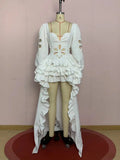 Fashion Style White Cutout Floral Accent Gown for Women Square Collar Puff Sleeve Asymmetric Train Skirt for Beach Elopement