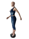 Denim 2 Piece Set Women Summer Halter Wrap Chest Backless Zip Halter Tops+Shorts Matching Hipster Vintage Streetwear