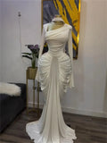 Classic Banquet Dress+Scarf Women Irregular Collar Flare Sleeve Elegant Pleat Patchwork Evening Stretch Slim Bodycon