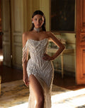 Pearl Beaded Fringe Sleeve Evening Gown High Slit Sparkly Sequined Gala Party Glamorous Luxury Red Carpet Mermaid Dress
