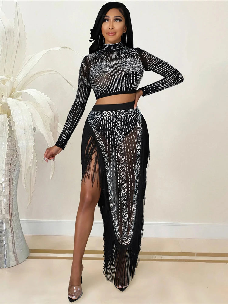 Women's 2 Piece Outfits Rhinestone Fringe Crop Cami Top and Bodycon Skirt Set Sexy Women's Nightclub Dress Party Dresses