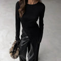 Solid Slimming Split Sexy Dresses for Women Round Neck Long Sleeves Irregular Temperament Dress Female Clothing New